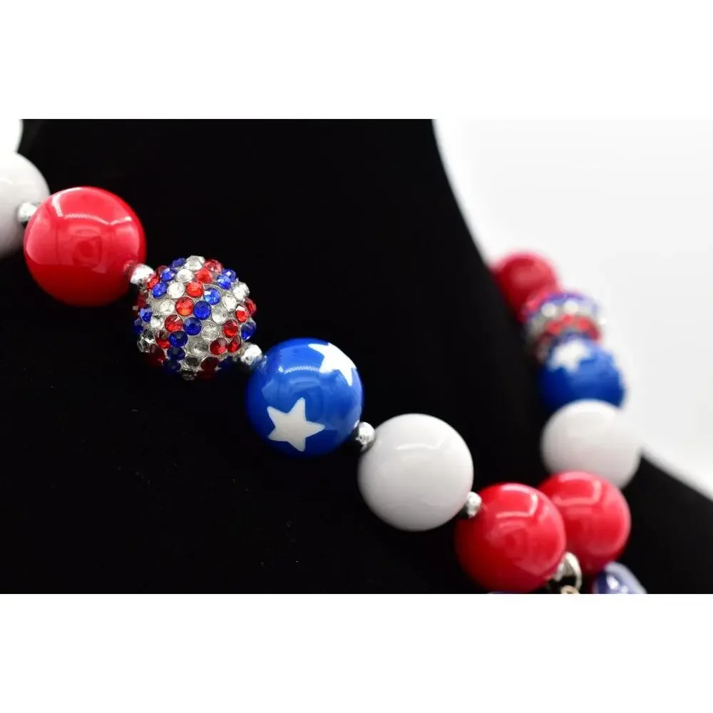 Statement Necklace American Flag Star Red White Blue Beaded 4th July USA BinA17